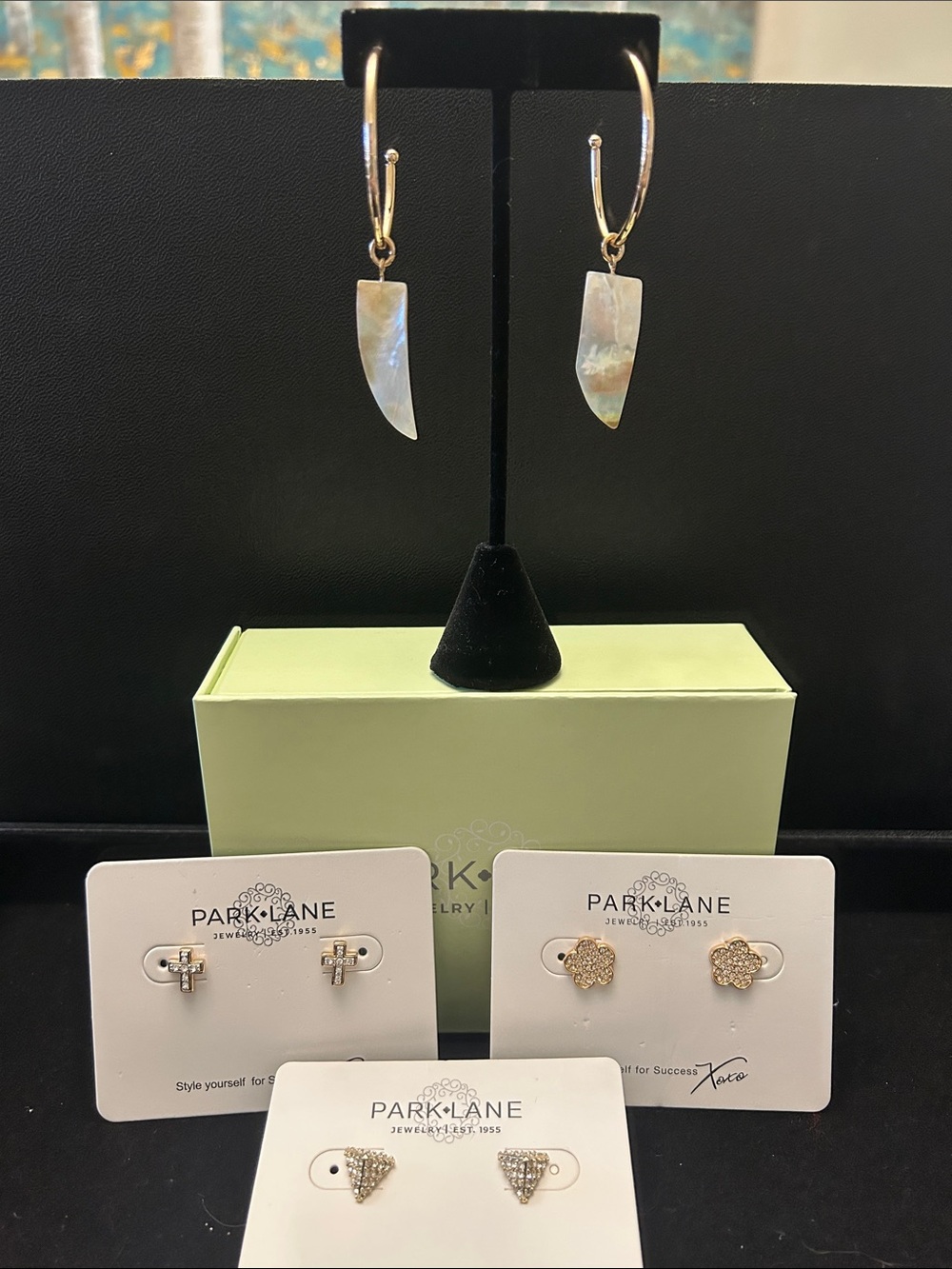Park Lane Gold Hoop Earrings with Mother-of-Pearl Drops and 3 pair of studs.
